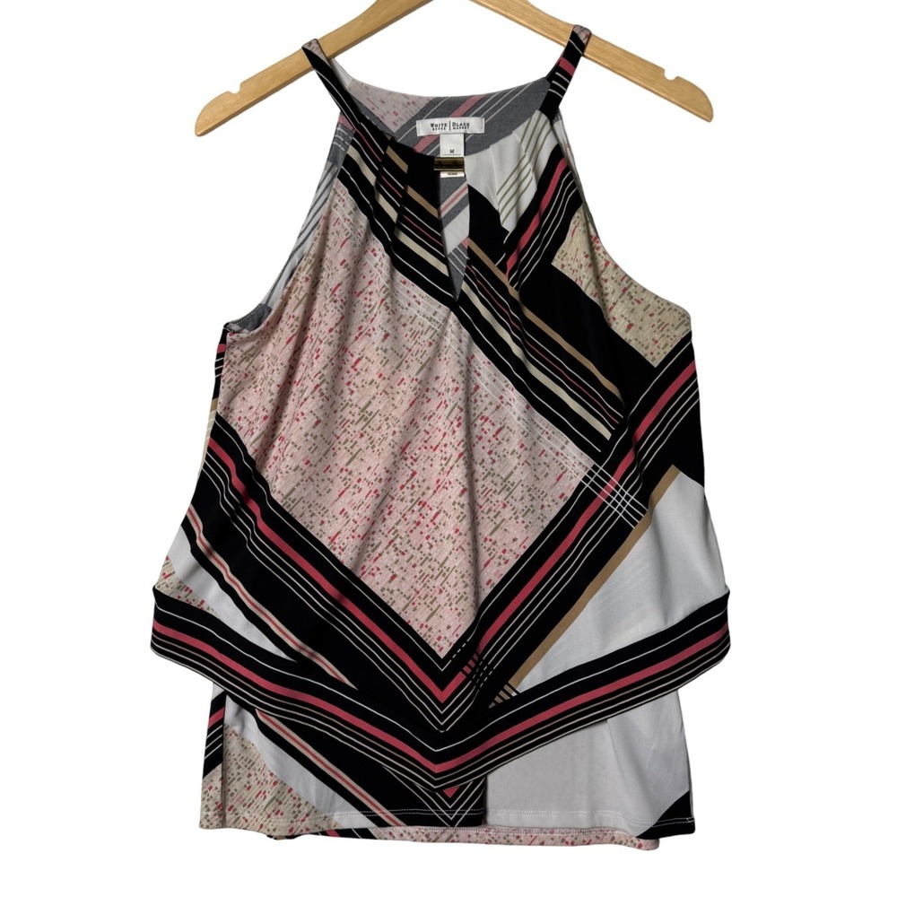 White House Black Market Womens Medium Blouse Geometric Stripe‎ Halter Neck Top